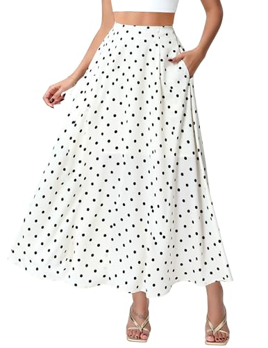 DERAX Women's Polka Dot Flowy Maxi Skirt A-Line Long Skirt