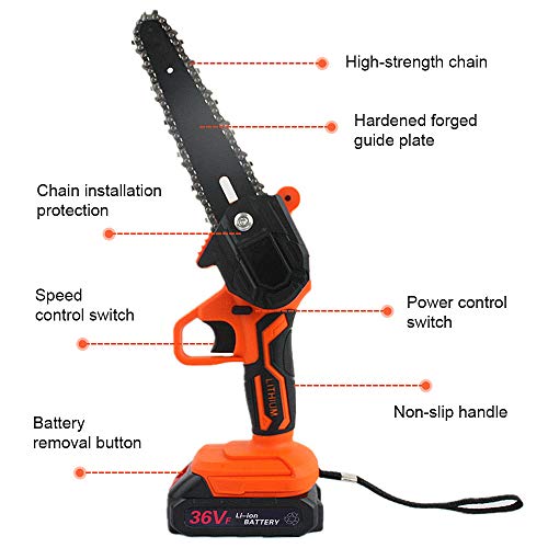 Mini Chainsaw Cordless Battery Saws, Upgraded 6-Inch 36V Power Chain Saws, Portable one-Hand Operated Electric Saw for Courtyard Tree Branch Wood Cutting (2pcs Batterie+ 2pcs Chain)