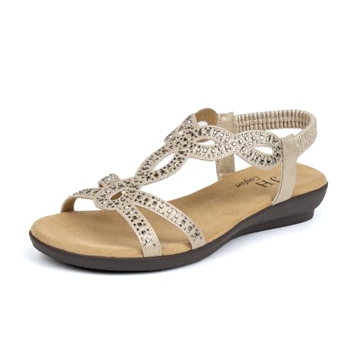 VJH confort Women's Flat Sandals, Rhinestone Open Toe Elastic Strap Slip On Sandals, Comfortable Walking Dress Flats for Casual Wedding Party