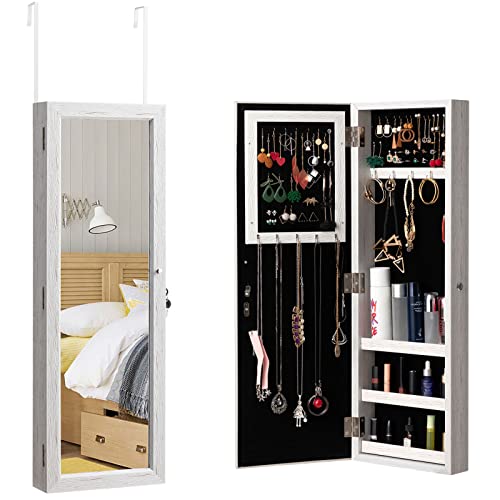 Hollyhome Mirrored Jewelry Cabinet Lockable Wall Door Mounted Jewelry Armoire Organizer With Full Length Mirror Space Saving Lockable,White #TOP24
