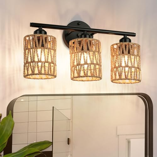 Frideko 3-Light Bathroom Vanity Light Fixtures, Modern Rattan Bathroom Lighting Fixtures Over Mirror, Boho Wall Sconces with Woven Lampshade, Black Wall Lamp for Farmhouse Living Room Bedroom