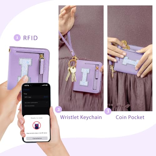 Image of COSHAYSOO Initial Wallet RFID Small Bifold Slim Letter Wallet for Women Teenager Girls Travel Daily Necessities Credit Cards Money Cash Coin Organizer, Purple, Compact, I