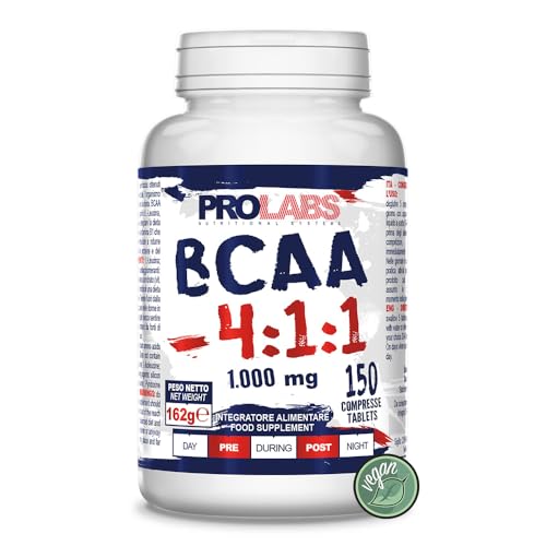 PROLABS – Bcaa Aminoacidi Ramificati Compresse 4.1.1, Amminoacidi 100% Veg con Vitamina B6, B1 e L-Leucina (4 parti) Crescita e Recupero Muscolare, Integratore Post e Pre Workout, 150 Tablet (1000 mg)