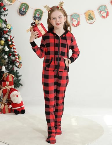 Image of Veseacky Family Christmas Pajamas Matching Sets Adult Onesie Zipper Hooded Footed One-Piece Pjs Jumpsuits