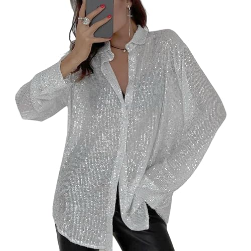 MINTLIMIT Women's Sequin Shirt Open Front Long Sleeve Collared Shirt Loose Blouses Glitter Button Down Shirt Tops Sliver