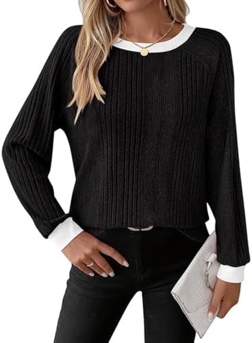 ABINGOO Pullover Damen Rundhals Langarmshirt Elegant Oberteile Herbst Lässig Farbblock Baumwolle Langarm T-Shirt Basic Sweatshirt