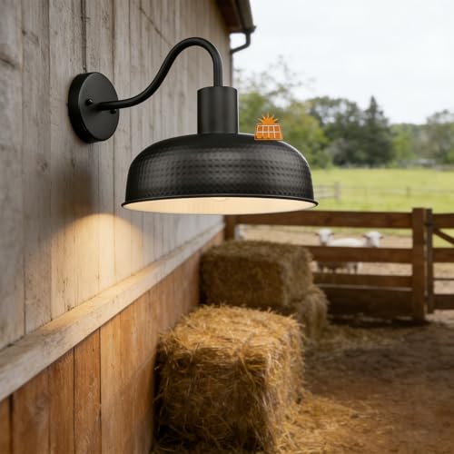 Image of Darkaway Solar Barn Light, Industrial Outdoor Wall Light Dusk to Dawn Wall Sconce Gooseneck Exterior Wall Mount Lighting Fixture with Hammered Dome Metal Shade for House Garage Porch Shed Hallway