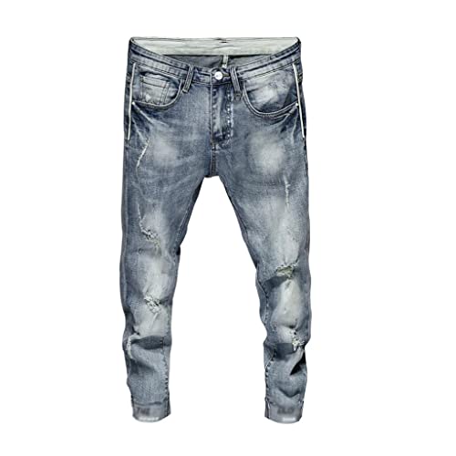 Jeans déchiré bleu streetwear avec élasticité estivale coupe cheville