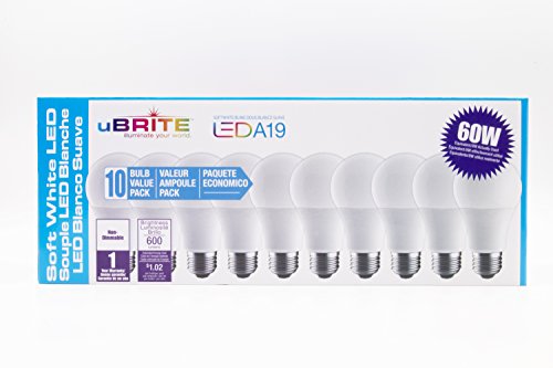 UBRITE A19ND6081YW10 LED Light Bulb, Warm White 2700K 8W (60 Watt Equivalent), 10 Piece