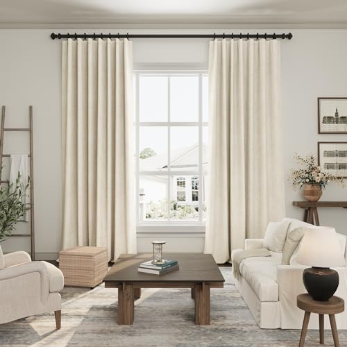 Image of Nanspring Beige 100% Blackout Linen Curtains 84 Inch Length 2 Panels Set for Bedroom Back Tab Rustic Country Farmhouse Decor Black Out Curtain for Living Room Office Thermal Insulated Drapes 52x84