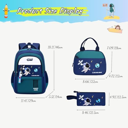 MITOWERMI 3pcs Boys Backpack with Lunch Box School Bags for Boys Lightweight Astronaut Kids Backpack Bookbags Sets for Elementary School Students, Green2