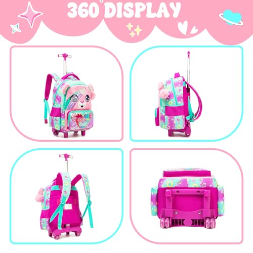 Kids Cute Pink Bear Rolling Backpack with Wheels for Girls School Rolling Backpack Kids Travel Luggage for Girls Ages 5-123