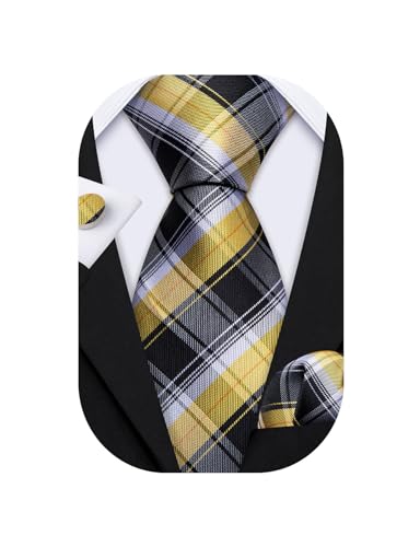 Image of Barry.Wang Man Plaid Ties Silk Check Woven Pocket Square Cufflinks Party Ceremony Yellow
