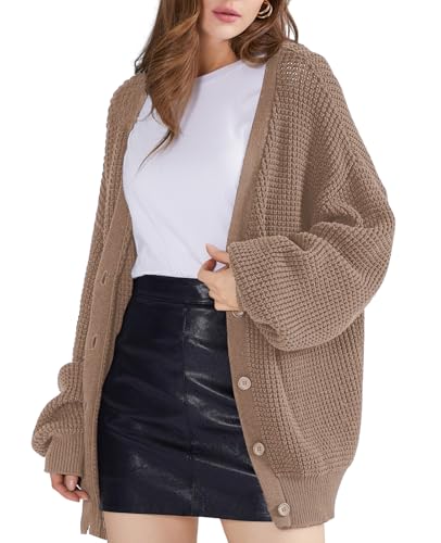 Image of QUALFORT Women's Oversized 100% Cotton Cardigan Sweater | Long Sleeve V Neck Button Down Open Front Knit Outerwear