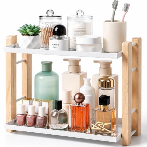 Bathroom Counter Organizer 2 Tier Wood Storage Shelf, White