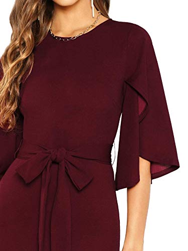 Floerns Women's Ruffle Sleeve Tie Waist Cocktail Party Bodycon Pencil Midi Dress Burgundy L