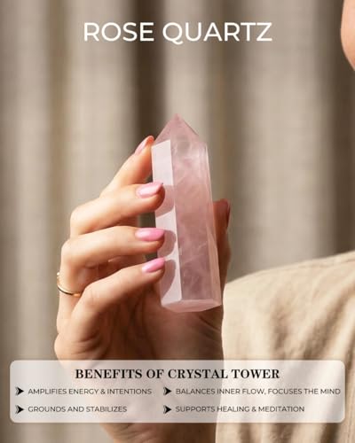 Image of Natural Healing Crystal Wand - 2.4-2.8 inch Polished Gemstone Point Obelisk - Rose Quartz & Hexagonal Towers for Reiki Energy, Chakra Balancing, Meditation & Home Office Decor - Spiritual Gifts for Women