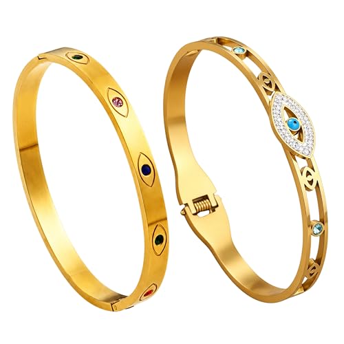 Image of Stylish Gold Plated Bangle for Women | Daily Use Stainless Steel Kada | Anti-Tarnish Waterproof Cuff | Multicolour Crystal Evil Eye | Daily Wear Bracelet For Womens | Premium Gift For Girl