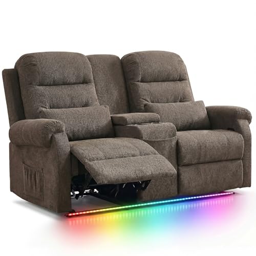Image of RV Loveseat Recliner with Console, Reclining Loveseat Sofa, Manual Home Theater Seating with Pockets /Cup Holders for Living Room /RV Furniture (Coffee Chenille + LED)