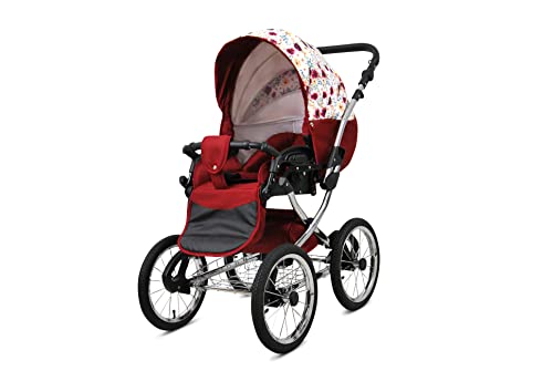 BabyLux Margaret Exclusive 3 in 1 Reisesystem Retro-Kind | Fuß + Spazerei + Autositz mit Zubehör, Regenfolie, Räder 14" Gepupft | Blumenblumen auf Weiß