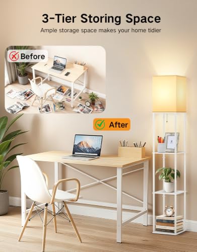 Image of OUTON Floor Lamp with Shelves, Modern Square Standing Shelf Lamp, White | 3 Color Temperature Bulb, Storage Display Wood Column Tall Bookshelf Lamp for Living Room, Bedroom Office