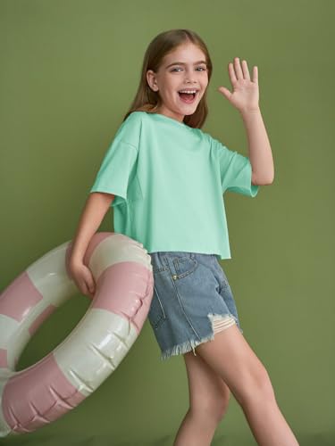 Image of Girls Athletic Oversized Crop Tops Kids Drop Shoulder Short Sleeve T Shirts Workout Tees 5-14 Years