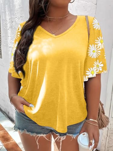 HDLTE Women Plus Size Tops Bell Sleeves Floral Print Shirt Casual Plus Size Blouse (Yellow, 2X) — view 4
