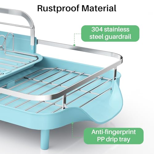 Image of SAYZH Dish Drying Rack - Expandable Dish Rack for Kitchen Counter, Rust-Resistant Dish Drainer with Utensil Holder and Raised Guardrail, Kitchen Organizer for Cup and Bottle (Blue)