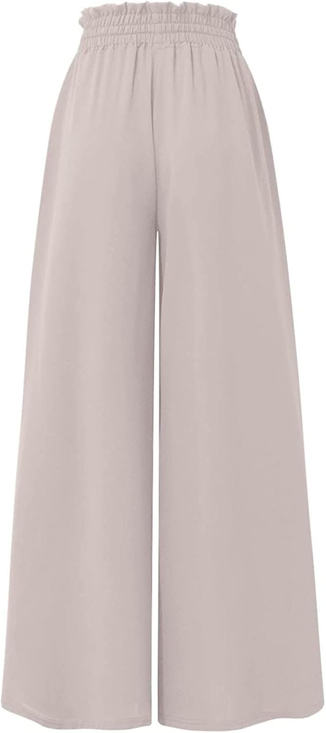 ASKSA Pantalon Femme Été Elastique Taille Haute Décontracté Léger Fluide Elegant Unie Pantalons Cordon avec Poches