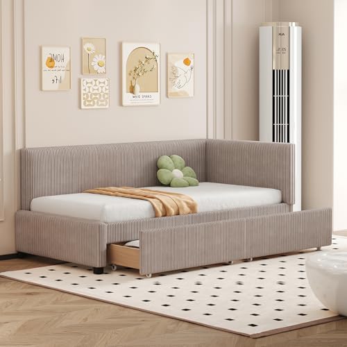 Cama tapizada sofá cama 90 x 200 cama multifunción con 2 cajones grandes de almacenamiento y somier de láminas, tela aterciopelada agradable para la piel, color gris