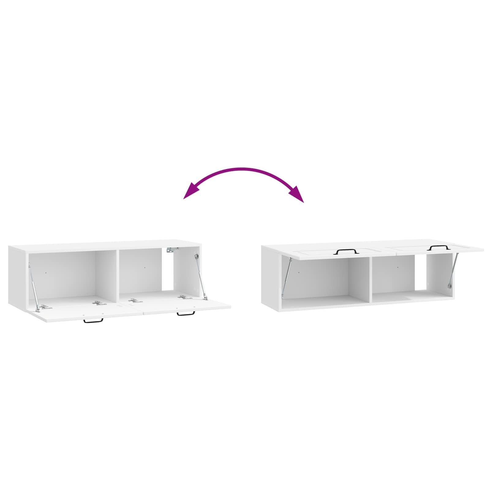 Mueble para TV montado en la pared, color blanco brillante, 98 x 31 x 30 cm, moderno mueble bajo de madera para salón, mueble de TV colgante con 2 puertas giratorias y espacio de