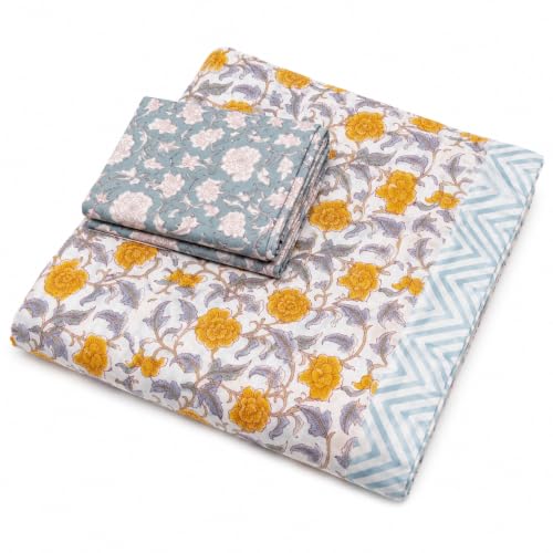 Image of Premium Bedsheet with 2 Pillow Covers I Hand Block I Pure & Soft Percale Cotton I 300 TC I 90x108 inches (King Size Double Bed Luxury Bedcover) I Floral Pattern I Sunshine Yellow