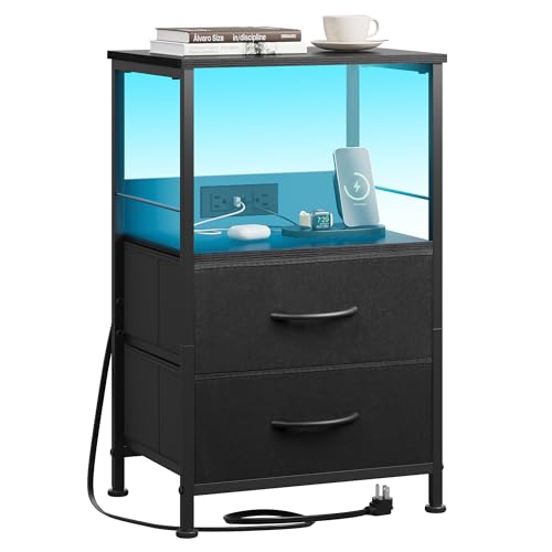 WLIVE LED Night Stand with Charging Station, Black Nightstand with 2 Fabric Drawers and Storage...