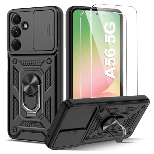 Guisessy Coque Compatible avec Samsung Galaxy A56 5G avec 2 Verre Trempé, Lentille Coulissante Couverture, Support 360° Rotatif Militaire PC Dur Renforcée Armor Antichoc Bumper Housse Etui - Noir