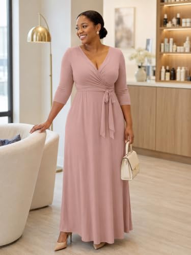 Image of PinkPatty Women's Plus Size V Neck 3 /4 Sleeve Boho Maxi Dress with Pockets