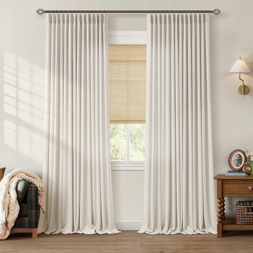 Pinch Pleated 90 Inch Linen Curtains for Living Room Bedroom 2 Panels Cream Natural Memory Trained Pinch Pleat Back Tab Light Filtering Semi Sheer Window Drapes Birch Curtains 40 x 90 Inches