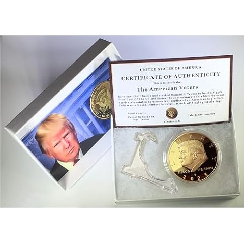 Donald J. Trump Replica Gold Piece, 47th Presidential Edition 24kt Gold Plated Coin, Gift Box, Certificate Of Authenticity, Display Case And Stand (2025 Gift Box) Cover