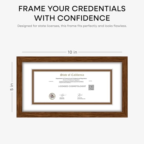 Image of Homeforia 5x10 Business License Brown Frame, High End Dark Oak 5 x 10 Wood Document Certificate Frames with Mat 4x9, 5by10 Walnut Wooden Frames for Wall or Tabletop, Tempered Glass, Wall Kit, Set of 2