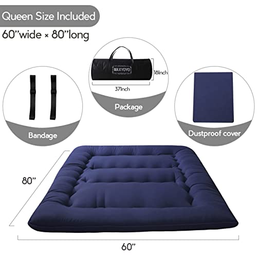 Image of MAXYOYO Japanese Floor Mattress Futon Mattress, Thicken Tatami Mat Sleeping Pad Foldable Roll Up Mattress Boys Girls Dormitory Mattress Pad Kids Floor Lounger Cushion, Navy, Queen