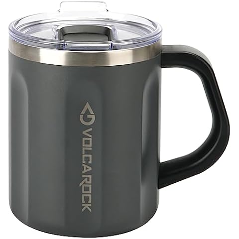 VOLCAROCK Camping Mug with Lid and Handle, 16oz Insulated Stainless Steel Coffee Travel Mug, BPA Free Coffee Mug, Perfect for Hot & Cold Drinks (Grey) Cover