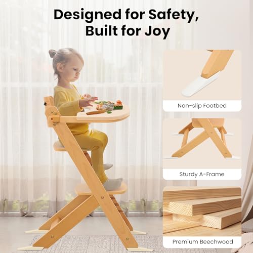 Image of Bateso High Chair for Babies and Toddlers, Wooden Highchair with Adjustable Seat & Convertible Footrest Heights, Baby Feeding Chair with Safety Harness & Removable Double Layer Tray
