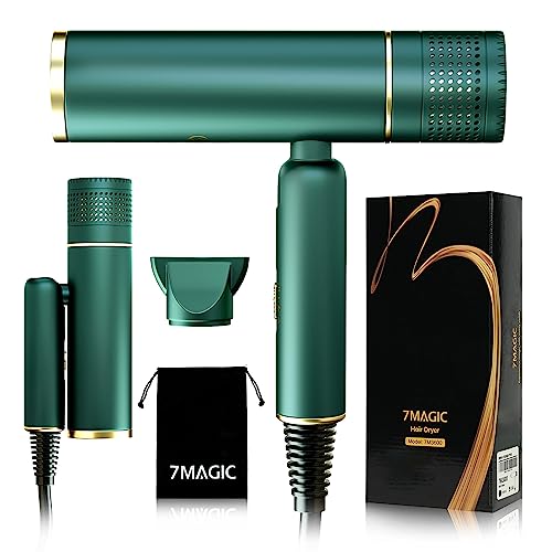 7MAGIC Asciugacapelli con ugello concentrato, asciugacapelli da viaggio, pieghevole, 30% di asciugatura rapida, 300 milioni di ioni, protezione per capelli al 99%, protezione contro il