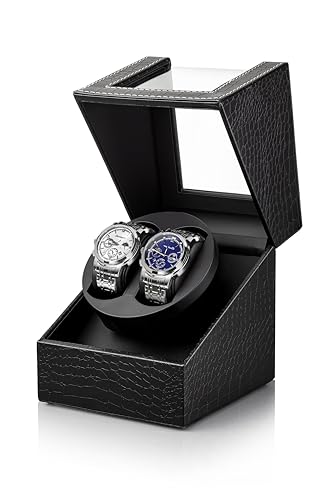 Los Gatos Luxury Double Watch Winder: Deluxe Crocodile Leather Pattern Automatic Watch Box for 2 Mechanical Wristwatch - Japanese Quiet Motor, Gifts for Business Professionals