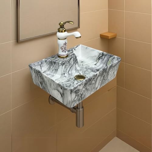 Image of Artiva Ceramic Wall Mounted Bathroom Basin /Designer Table Top Sink For Bathroom /Wall Hung Washbasin /Wash Basin For Cabinet, Countertop, Vanity (Canyon Silver 16 x 12 x 5 Inch)