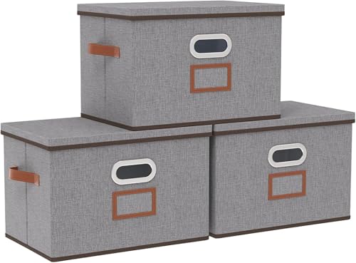 収納ボックス45x30x30cm 3個組収納ケース ふた付き大容量 衣類収納ボックス折りたたみ式 収納ケース PUハンドルとソートラベル付きおもちゃ 衣類 雑誌 収納 防塵 防湿 無臭 (グレー,特大-3個)
