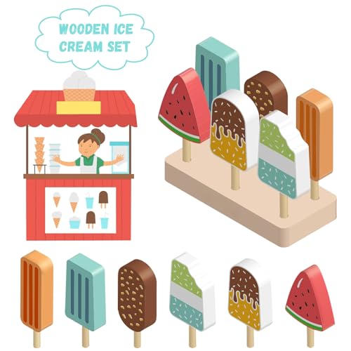 Eisdiele Kinder Holz Eiscreme Spielzeug, EIS am Stiel Holzspielzeug, EIS Spielzeug für Kinder, Kaufladen Zubehör Spielküche Rollenspiele für Kind Mädchen Jungen 3 4 5 6 Jahren Montessori Spielzeug