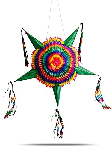 TexMex Fun Stuff - Large Pinata, Mexican Star Pinata, Handmade Pinata, Rainbow Multicolor with 5 Green Cones, Foldable with 30 Ft Rope Included, Holds up to 3 Pounds, 32 inches