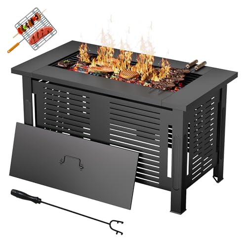 YODOLLA Brasero Extérieur 3 en 1 - Barbecue avec Grille Table à Feu Brasero Métal Table de Jardin (108 x 58 x 63 cm) - Multifonctionnel pour Terrasse, Jardin, Extérieur