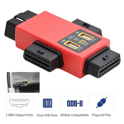 iKKEGOL Pocket OBD2 OBDII Full 16 Pin 1 Male to 3 Female OBD Cable Splitter Converter Adapter with 2 USB Port Supply Charging for Diagnostic Extender (Red)