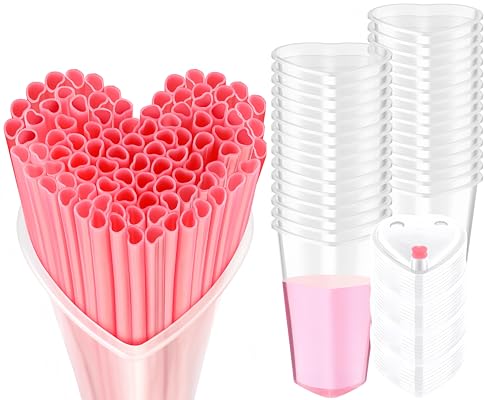 Potchen 60 Sets Heart Shaped Plastic Cups with Straws 16 oz Disposable Cups with Lid and Straws for Valentines Birthday Wedding Anniversary Party Supplies (White and Pink)